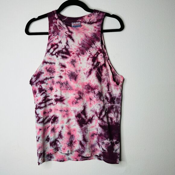 Sleeveless Cropped Hand Cut Out Plum & Pink Cream Tie Dye Crew Neck Top S - Picture 9 of 10